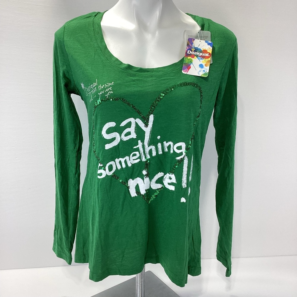 Desigual Green Graphic Long Sleeve Tee Say Something Nice NWT L Green Heart